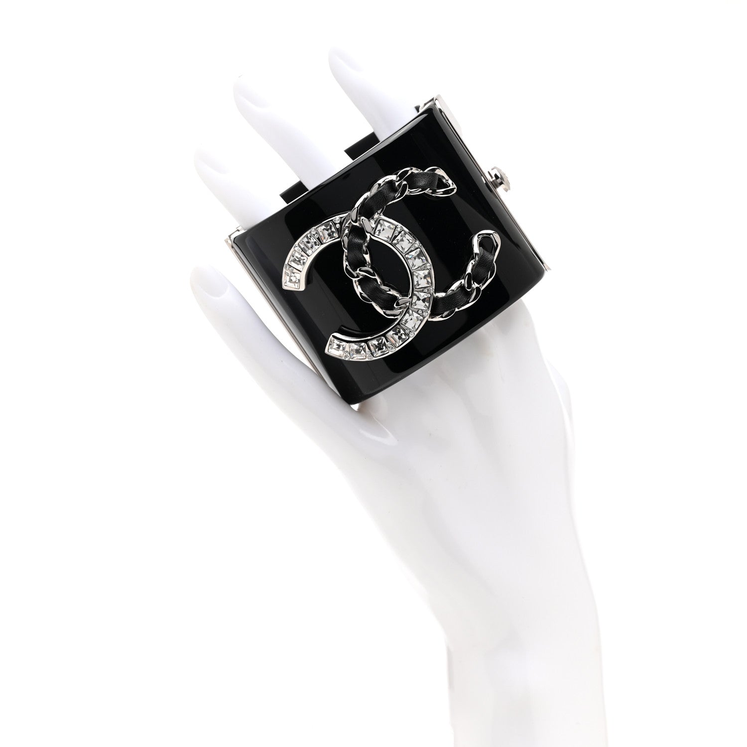 Chanel Resin Lambskin Baguette Crystal CC Chain Cuff Bracelet S Black 2 of 6