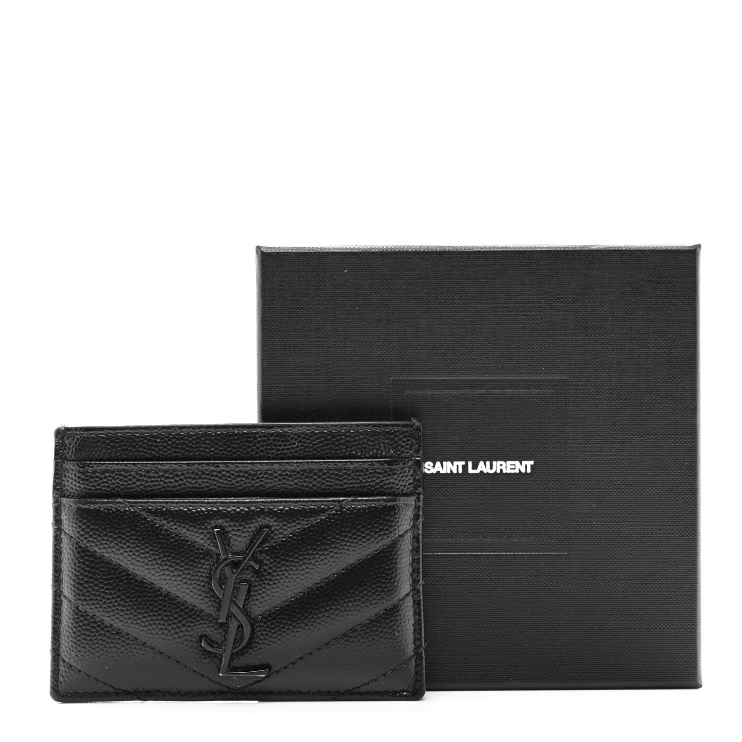 Saint Laurent Grain De Poudre Matelasse Chevron Monochrome Monogram Credit Card Case Black 9 of 9
