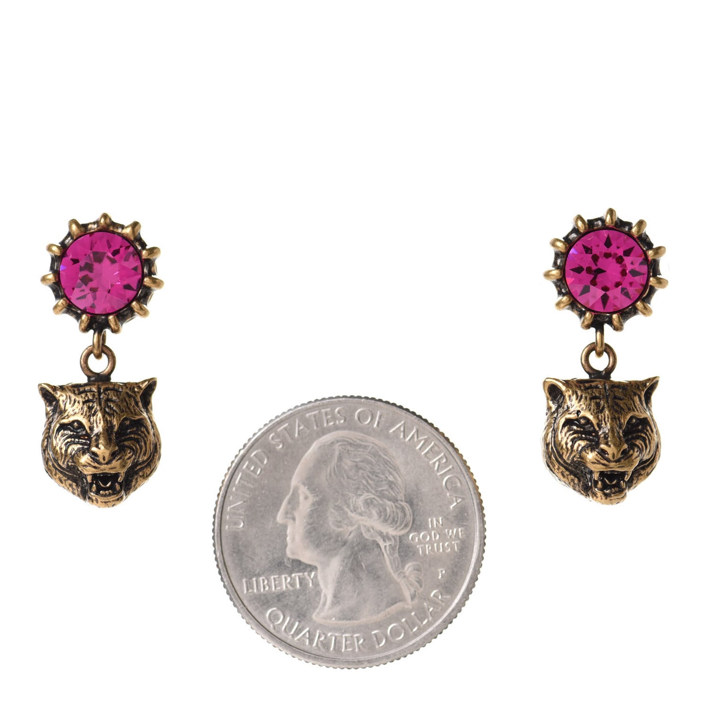 Metal Crystal Feline Earrings Aged Gold Pink