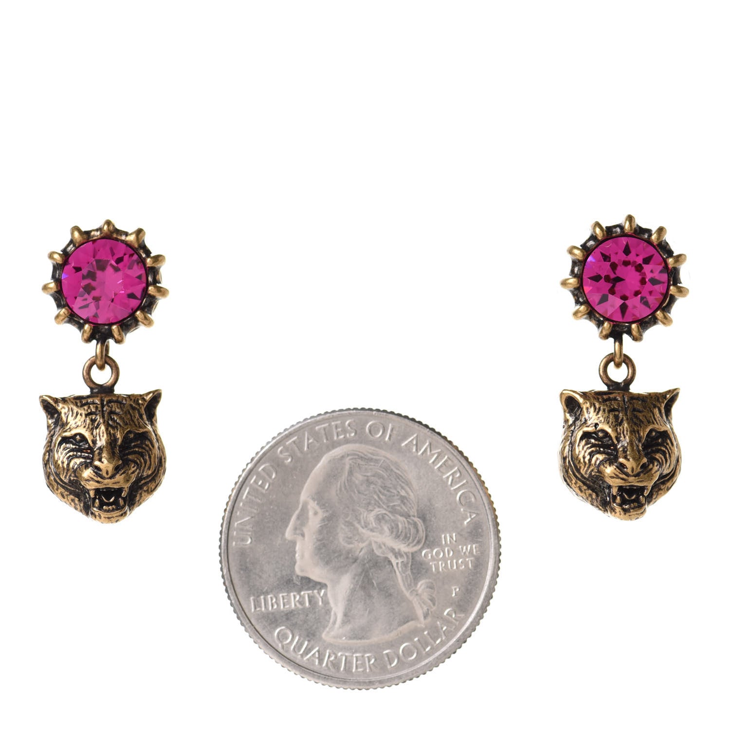 Gucci Metal Crystal Feline Earrings Aged Gold Pink 2 of 4