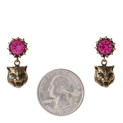 Gucci Metal Crystal Feline Earrings Aged Gold Pink 2 of 4