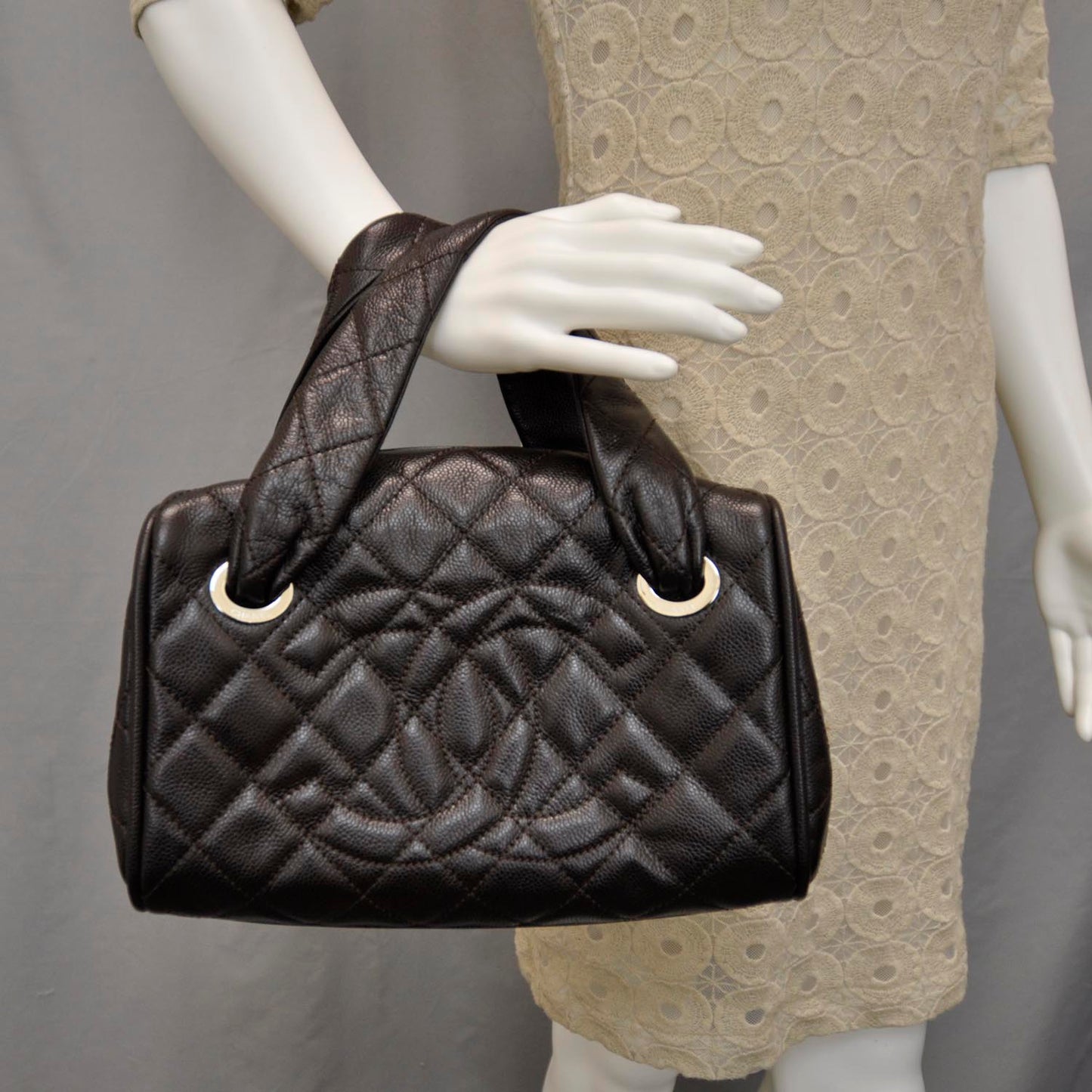 Caviar Quilted Timeless Bowler Brown