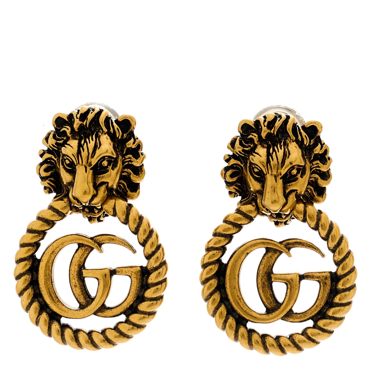 Gucci Metal Double G Lion Head Clip On Earrings Aged Gold 1 of 5