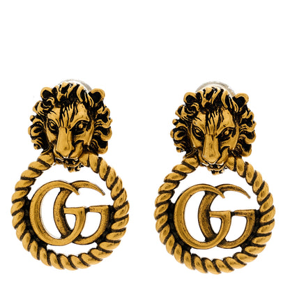 Gucci Metal Double G Lion Head Clip On Earrings Aged Gold 1 of 5