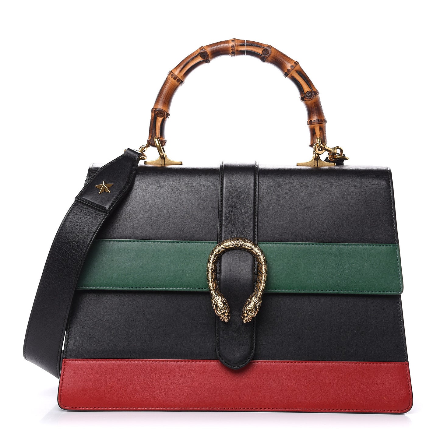 Calfskin Bamboo Web Large Dionysus Top Handle Bag Black Bright Evergreen Hibiscus Red