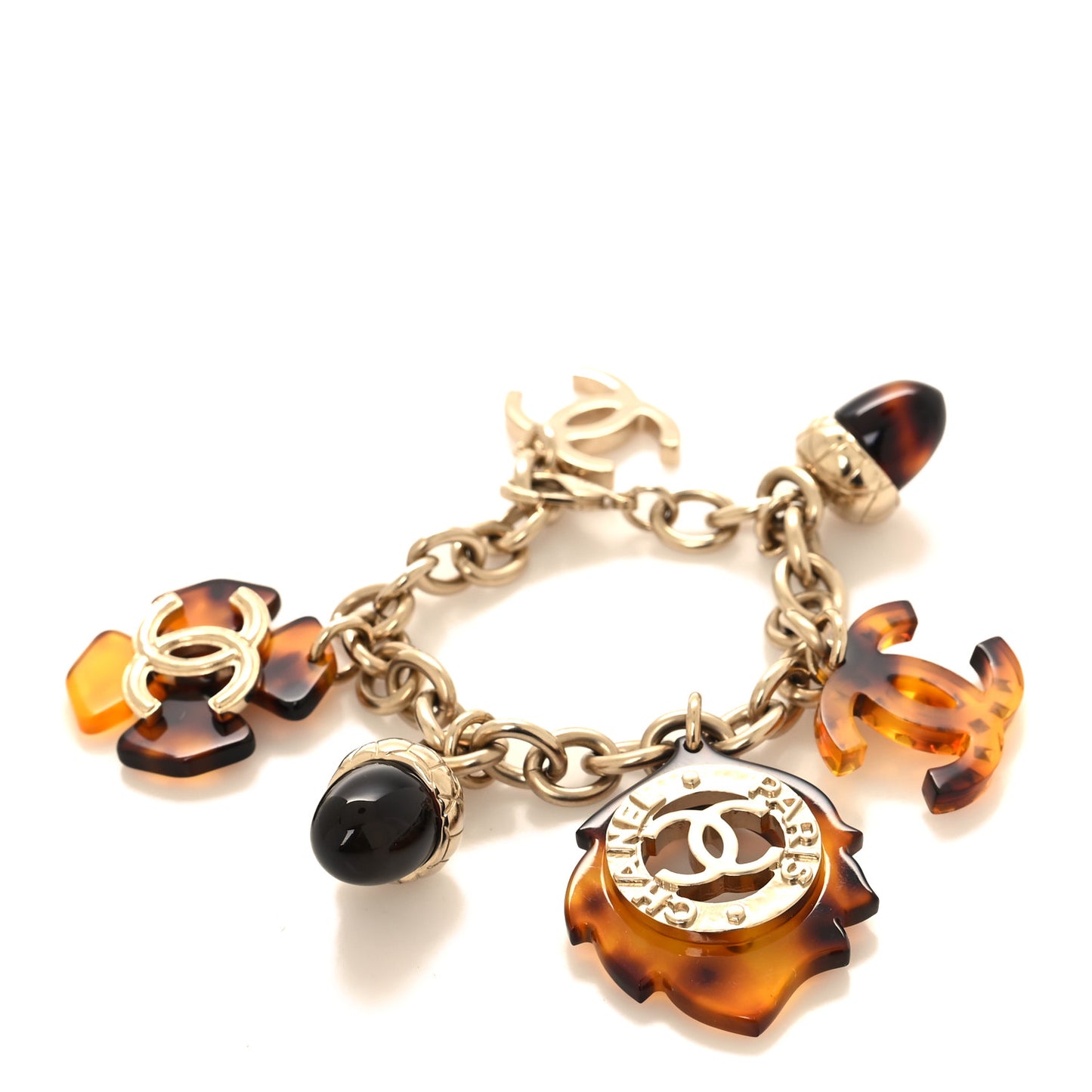 Resin Chain Logo Acorn Charm Bracelet Tortoise Gold