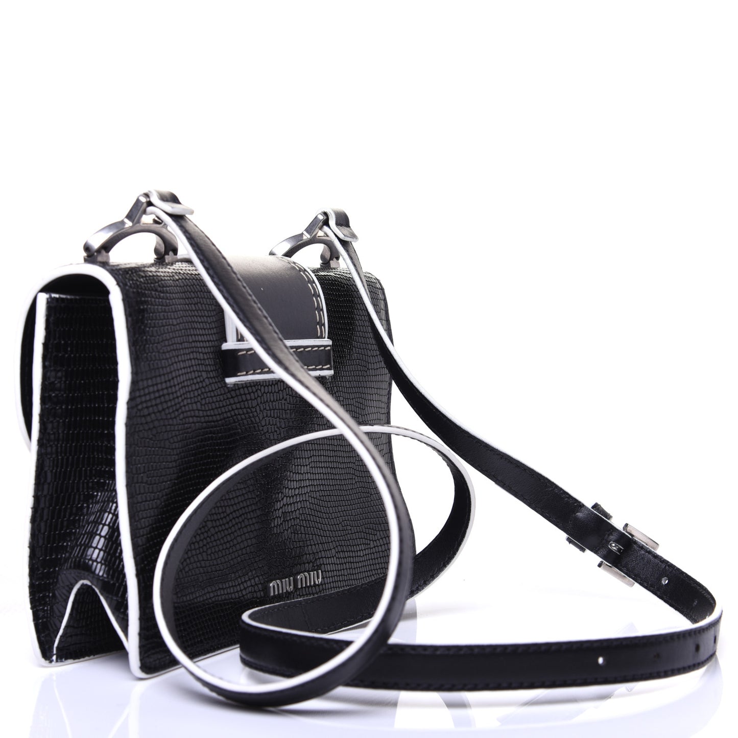 Embossed Lizard Calfskin Crystal Embellished Saint Lucertola Shoulder Bag Black