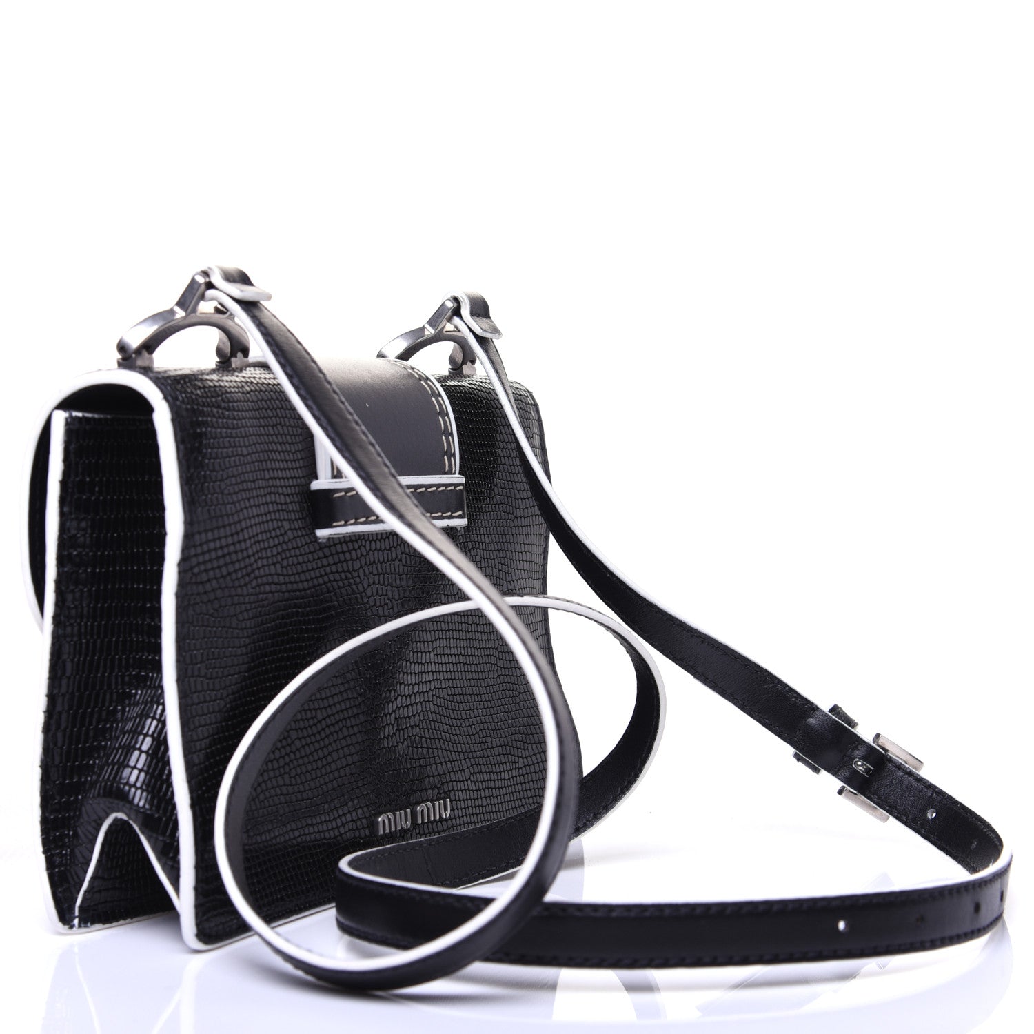 Miu Miu Embossed Lizard Calfskin Crystal Embellished Saint Lucertola Shoulder Bag Black 3 of 14