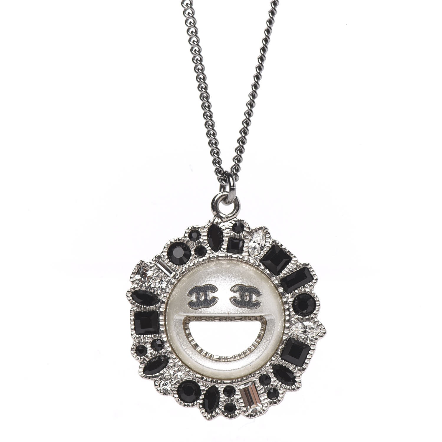 Chanel Crystal CC Smiley Emoji Pendant Necklace Silver Black 4 of 5