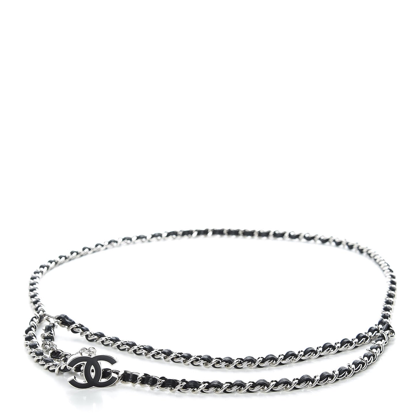 Lambskin Enamel CC Chain Belt Black Silver