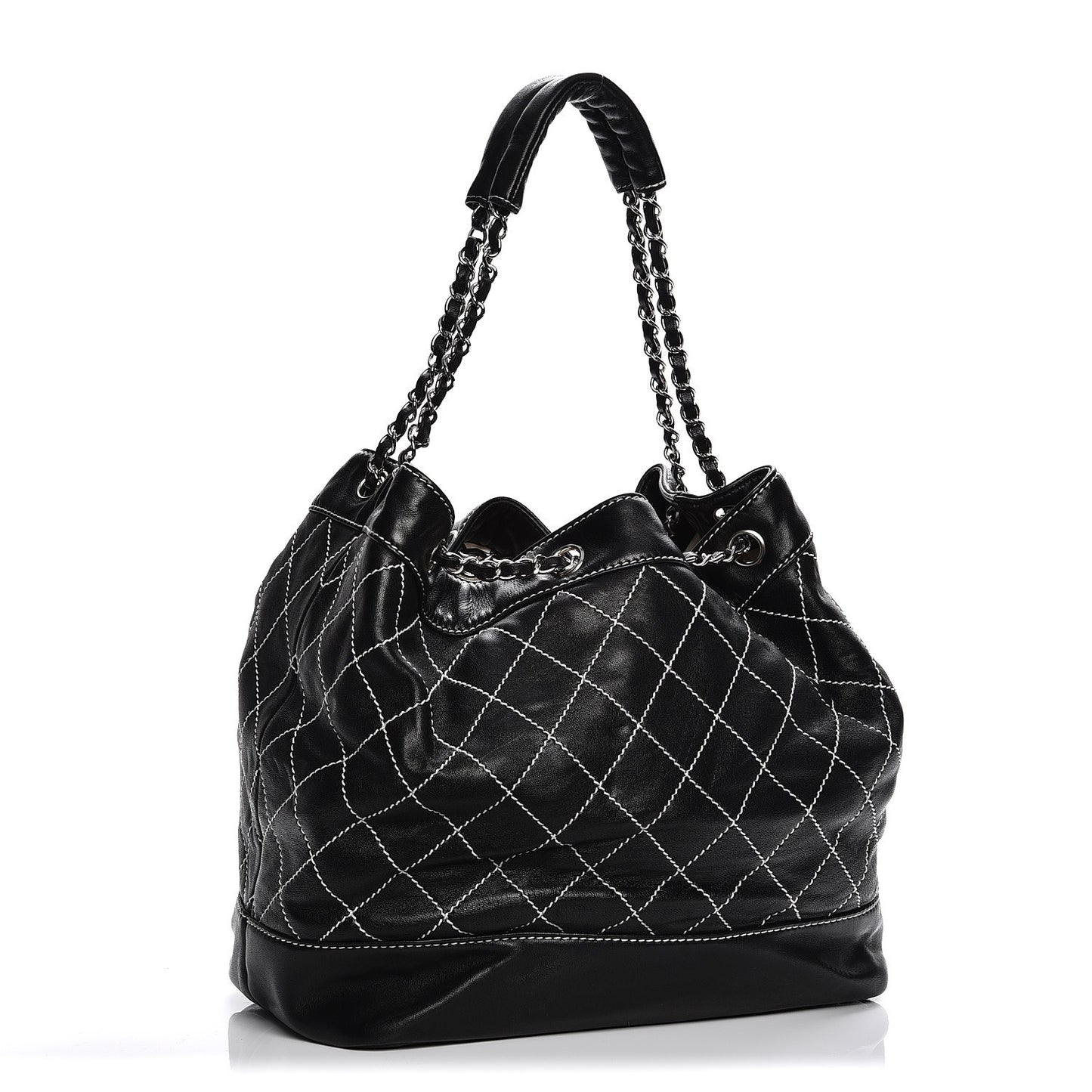 Lambskin Contrast Stitch Large Drawstring Tote Black