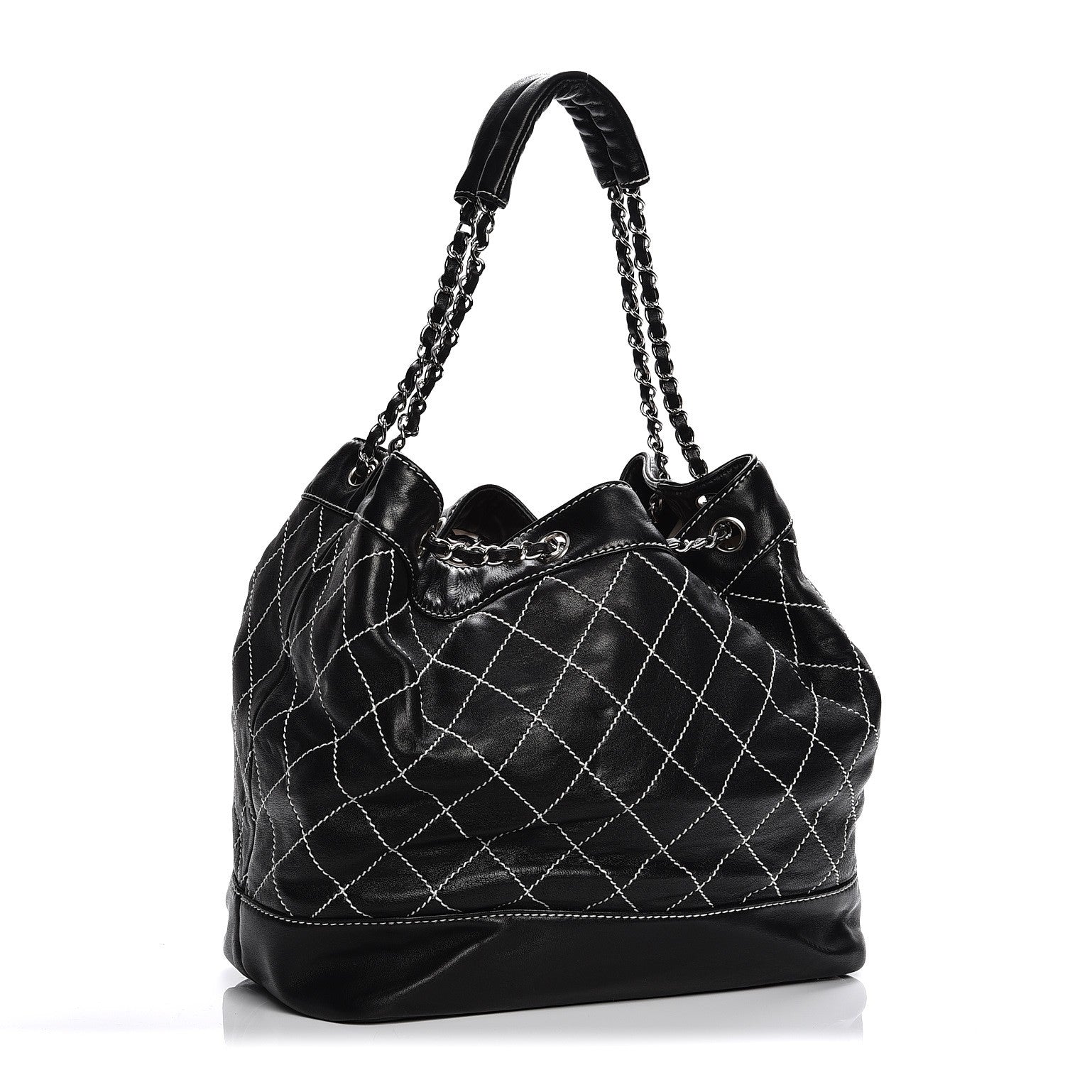 Chanel Lambskin Contrast Stitch Large Drawstring Tote Black 3 of 7
