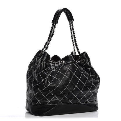 Chanel Lambskin Contrast Stitch Large Drawstring Tote Black 3 of 7