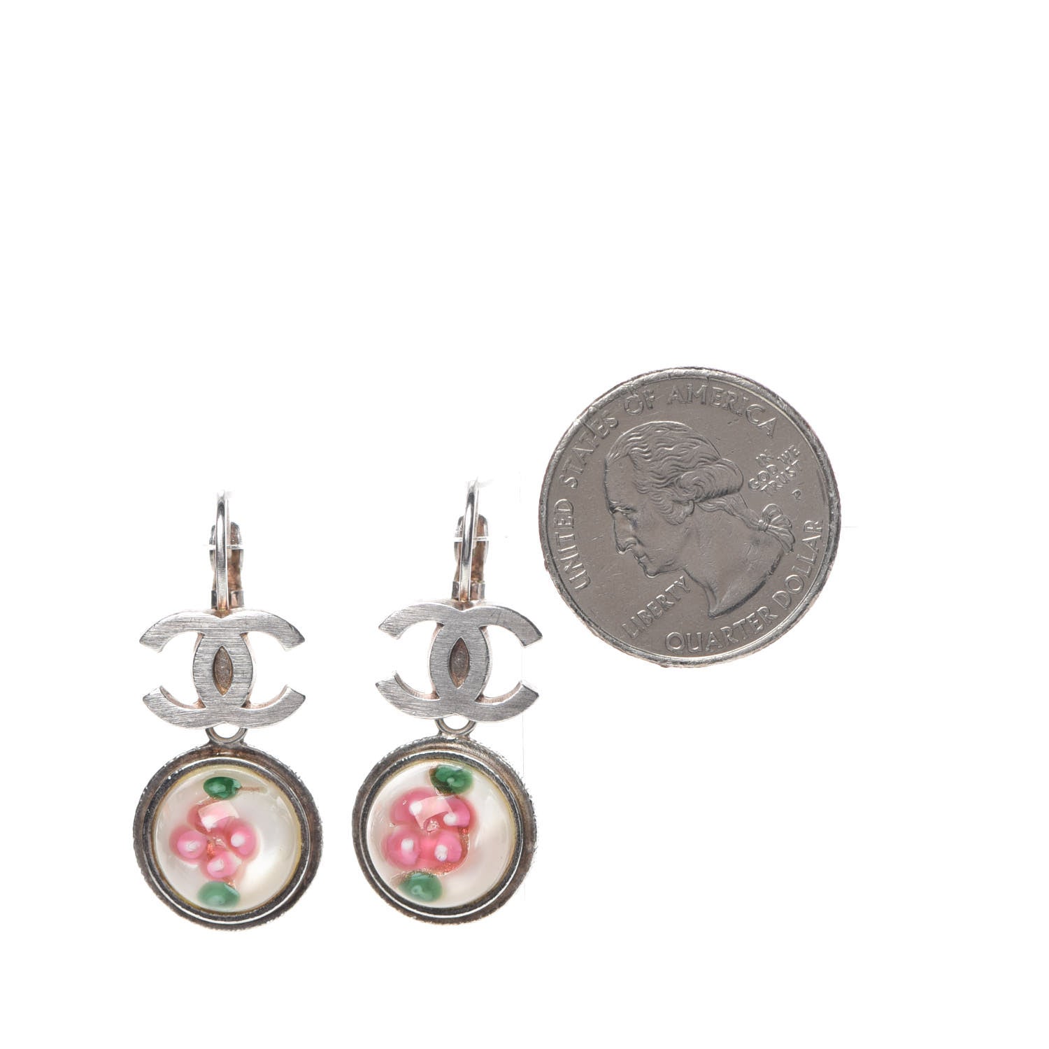 Chanel Enamel Bead CC Floral Drop Earrings Silver 2 of 6