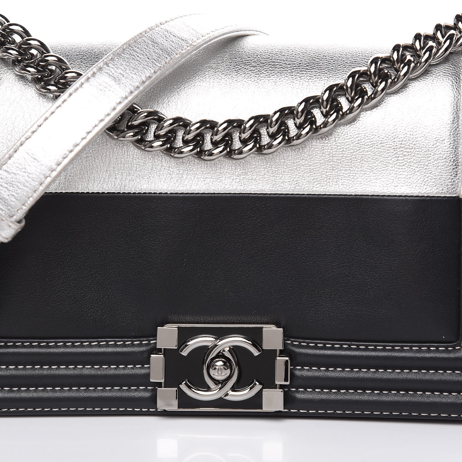 Chanel Metallic Goatskin Calfskin Medium Boy Flap Silver Black 10 of 15
