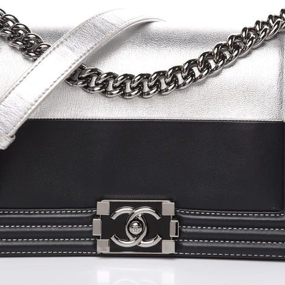 Chanel Metallic Goatskin Calfskin Medium Boy Flap Silver Black 10 of 15