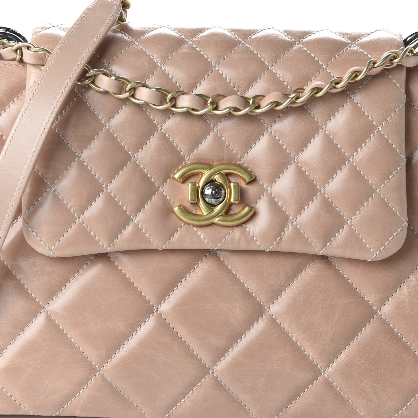 Aged Glazed Calfskin Quilted Small Daily Walk Flap Beige