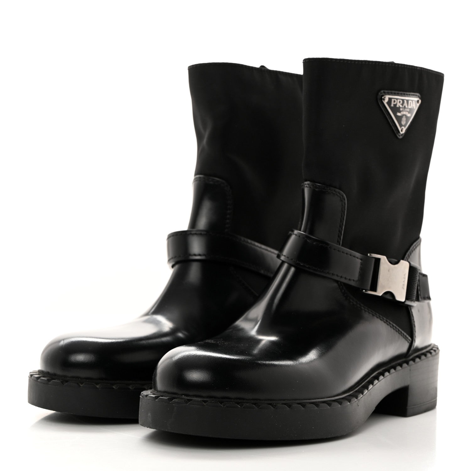Prada Spazzolato Re-Nylon Metal Triangle Logo Buckled 50mm Biker Boots 36.5 Black 3 of 9