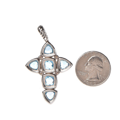 David Yurman Sterling Silver 18K Yellow Gold Blue Topaz Renaissance Cross Enhancer Pendant 2 of 4