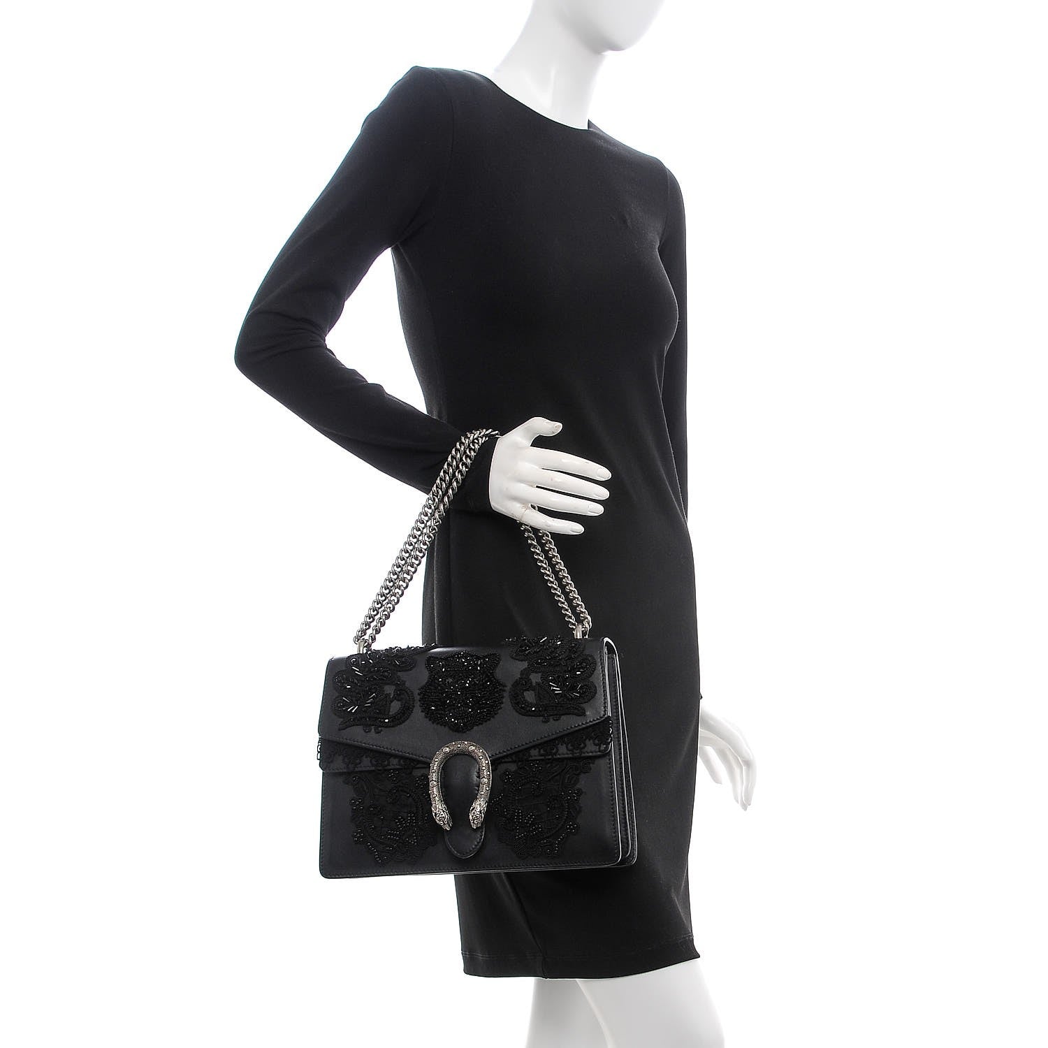 Gucci Calfskin Embroidered Medium Dionysus Shoulder Bag Black 2 of 9