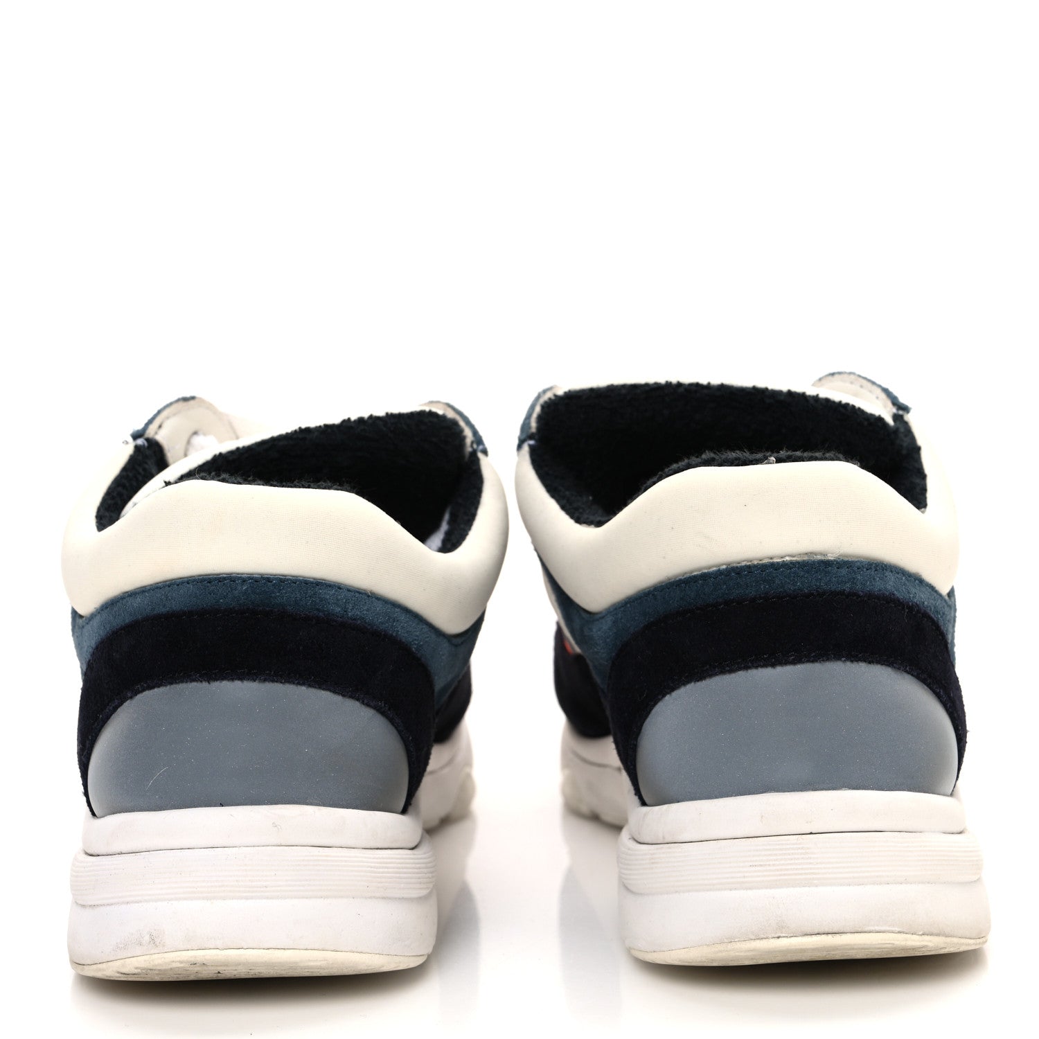 Chanel Nylon Calfskin Suede CC Womens Sneakers 38.5 Navy White Orange 6 of 12
