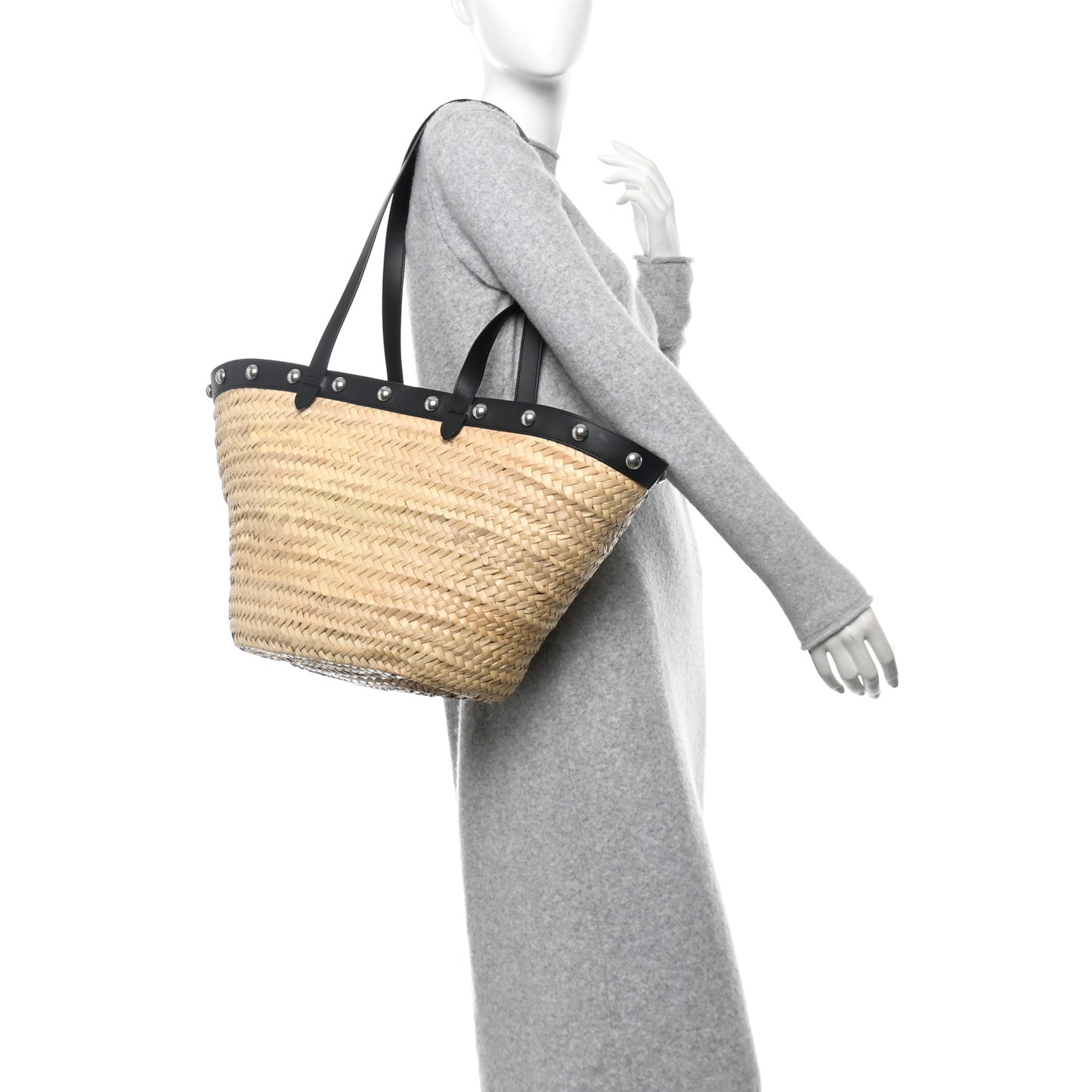 Raffia Calfskin Studs Basket Shoulder Bag Tote Black