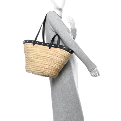 Celine Raffia Calfskin Studs Basket Shoulder Bag Tote Black 2 of 10