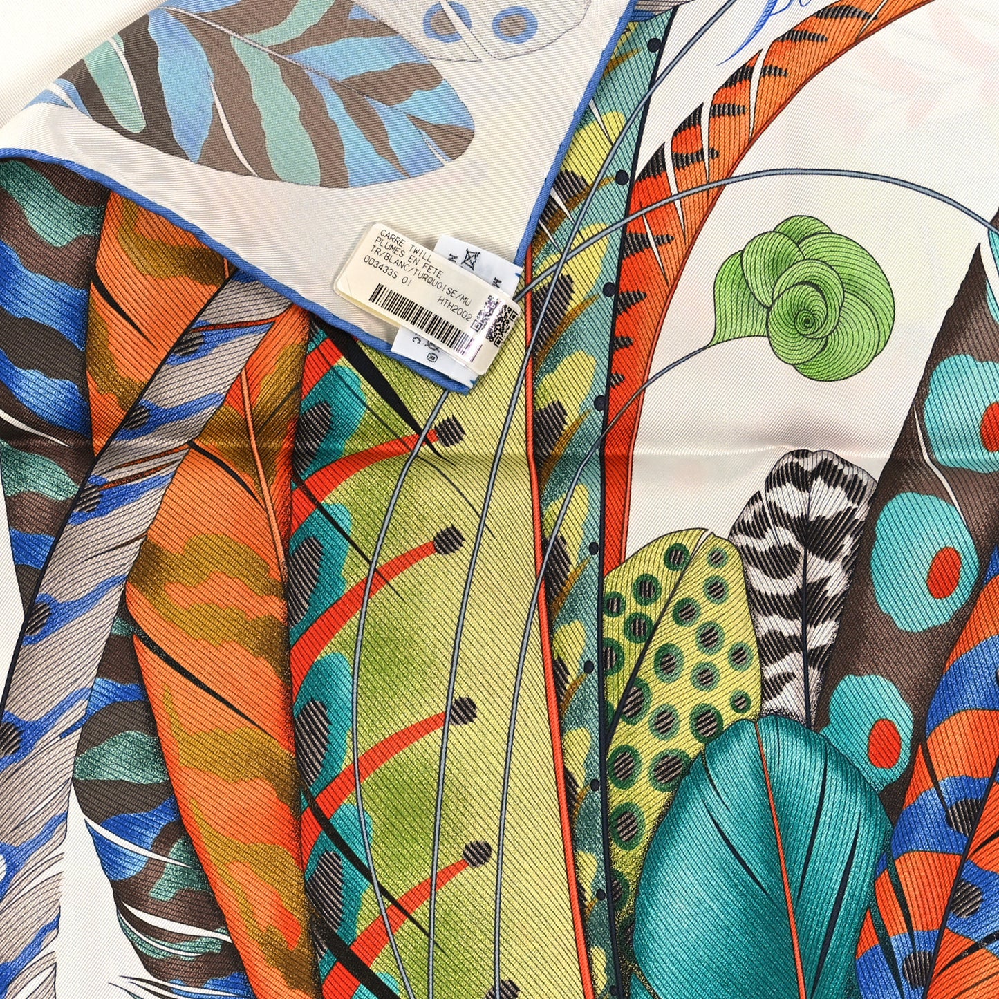 Silk Plumes En Fete Scarf 90 Blanc Turquoise Multicolor