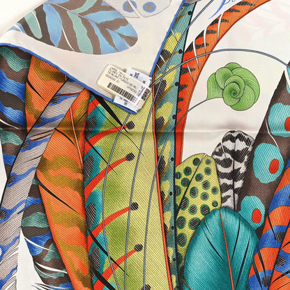 Hermes Silk Plumes En Fete Scarf 90 Blanc Turquoise Multicolor 3 of 3