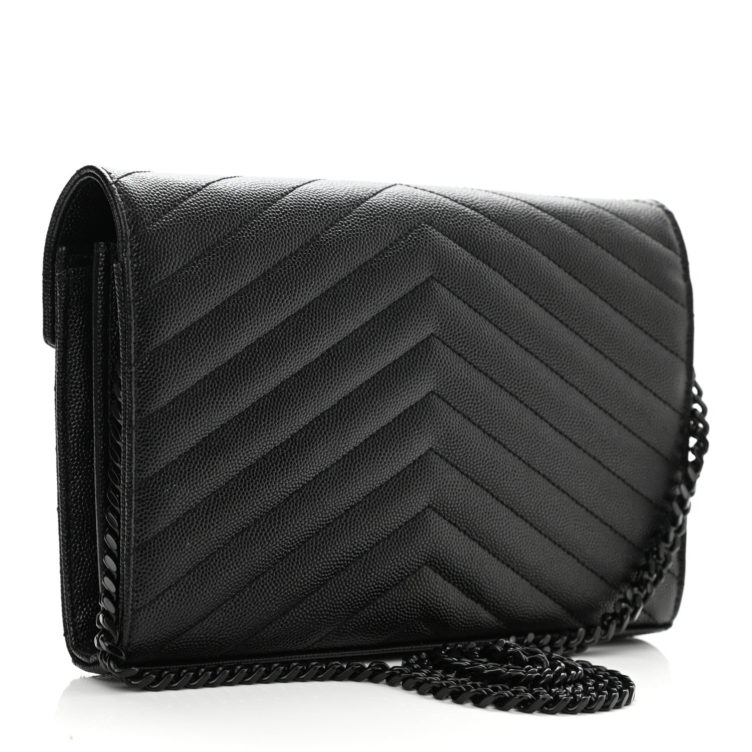 Saint Laurent Grain De Poudre Matelasse Chevron Monogram Chain Wallet Black 3 of 10