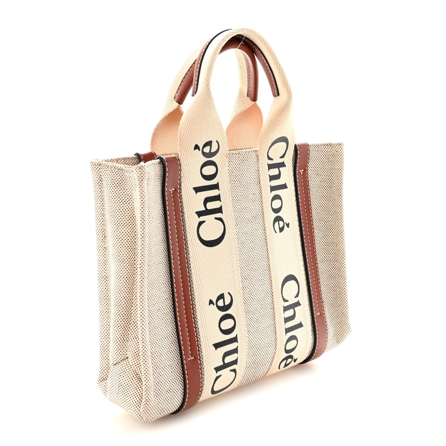 Cotton Calfskin Small Woody Ribbon Tote  White Brown