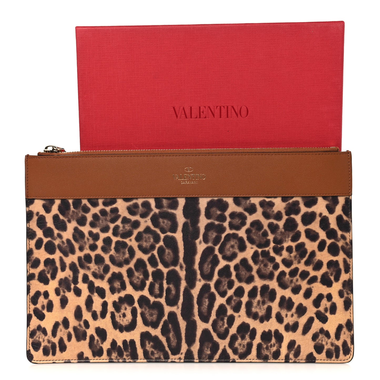 Calfskin Leopard Print City Safari Large Pouch Brown