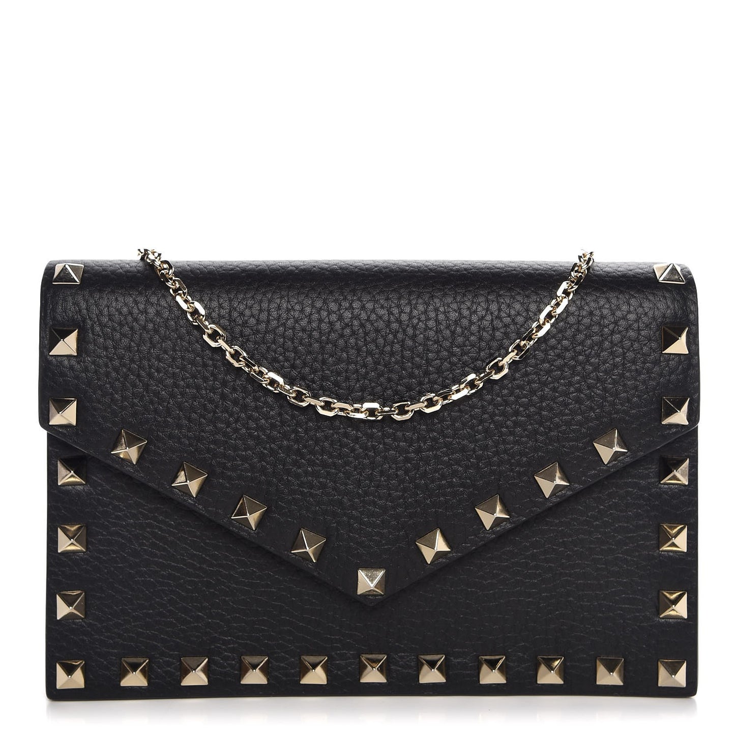 Pebbled Calfskin Rockstud Envelope Wallet on Chain Black