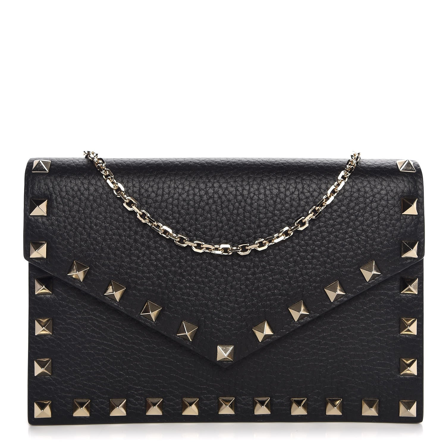 Valentino Garavani Pebbled Calfskin Rockstud Envelope Wallet on Chain Black 1 of 6