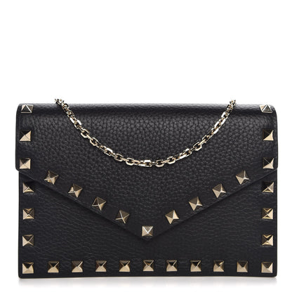 Valentino Garavani Pebbled Calfskin Rockstud Envelope Wallet on Chain Black 1 of 6