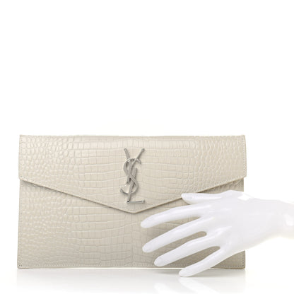 Saint Laurent Calfskin Crocodile Embossed Uptown Monogram Pouch Crema Soft 2 of 6