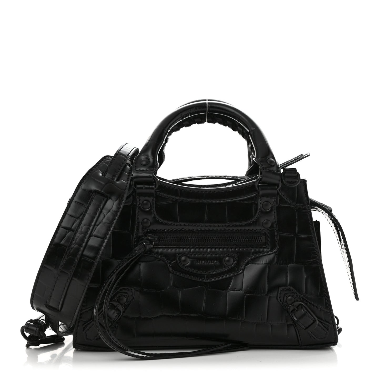 Semi Shiny Calfskin Crocodile Embossed Neo Classic Black Hardware Mini City Black