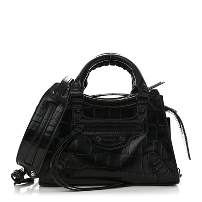 Balenciaga Semi Shiny Calfskin Crocodile Embossed Neo Classic Black Hardware Mini City Black 1 of 11