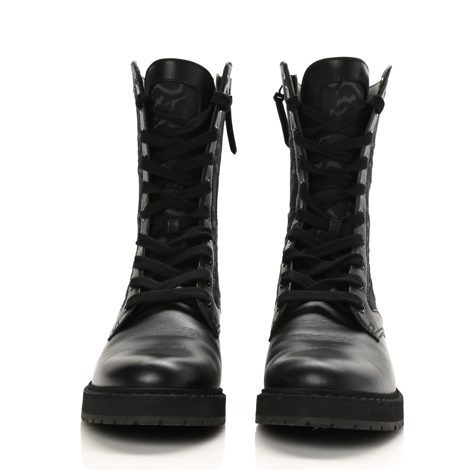 Fendi Vitello Fabric Jacquard Karligraphy Embroidered Womens Combat Boots 37 Black 2 of 6
