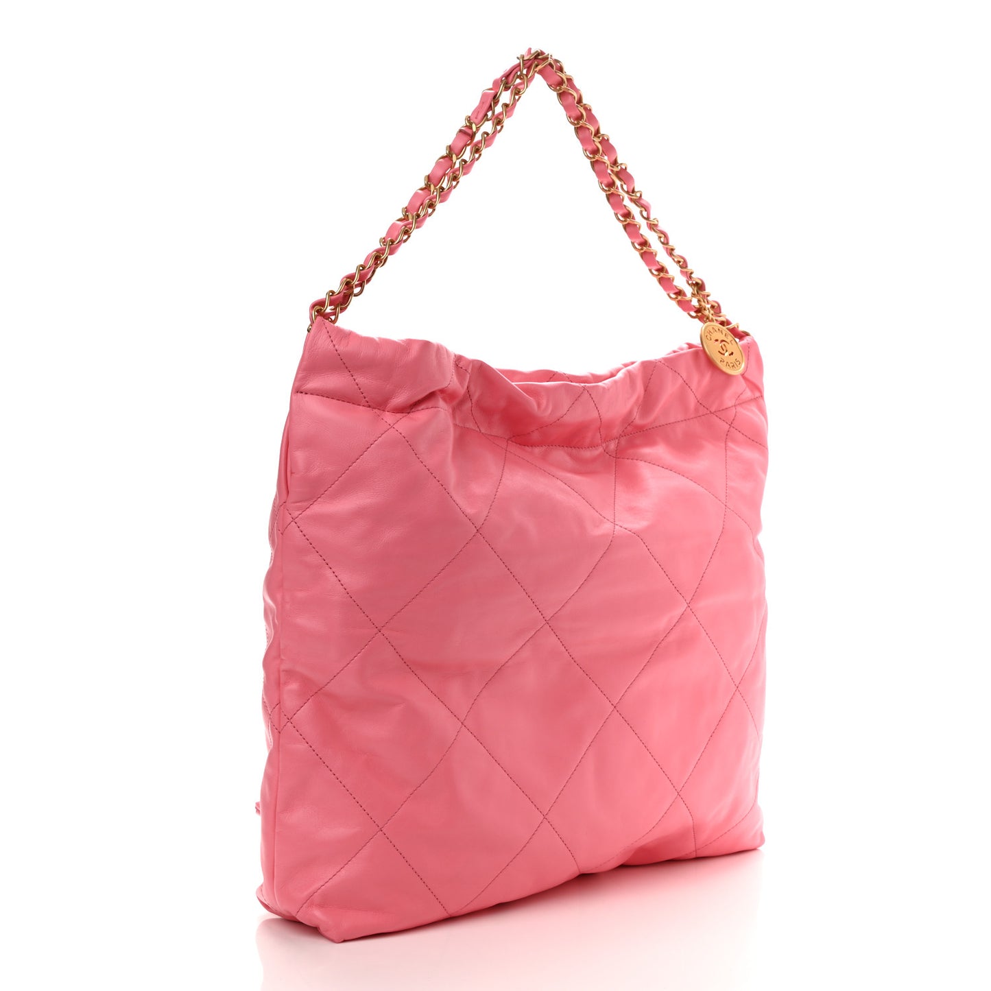 Shiny Calfskin Quilted Chanel 22 Drawstring Bag Coral Pink