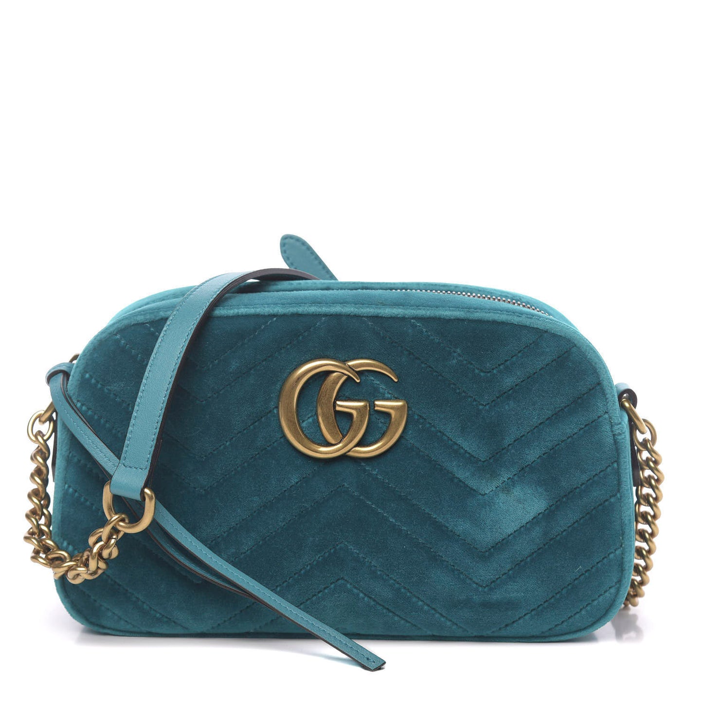Velvet Matelasse Small GG Marmont Chain Shoulder Bag Pavone Cyan