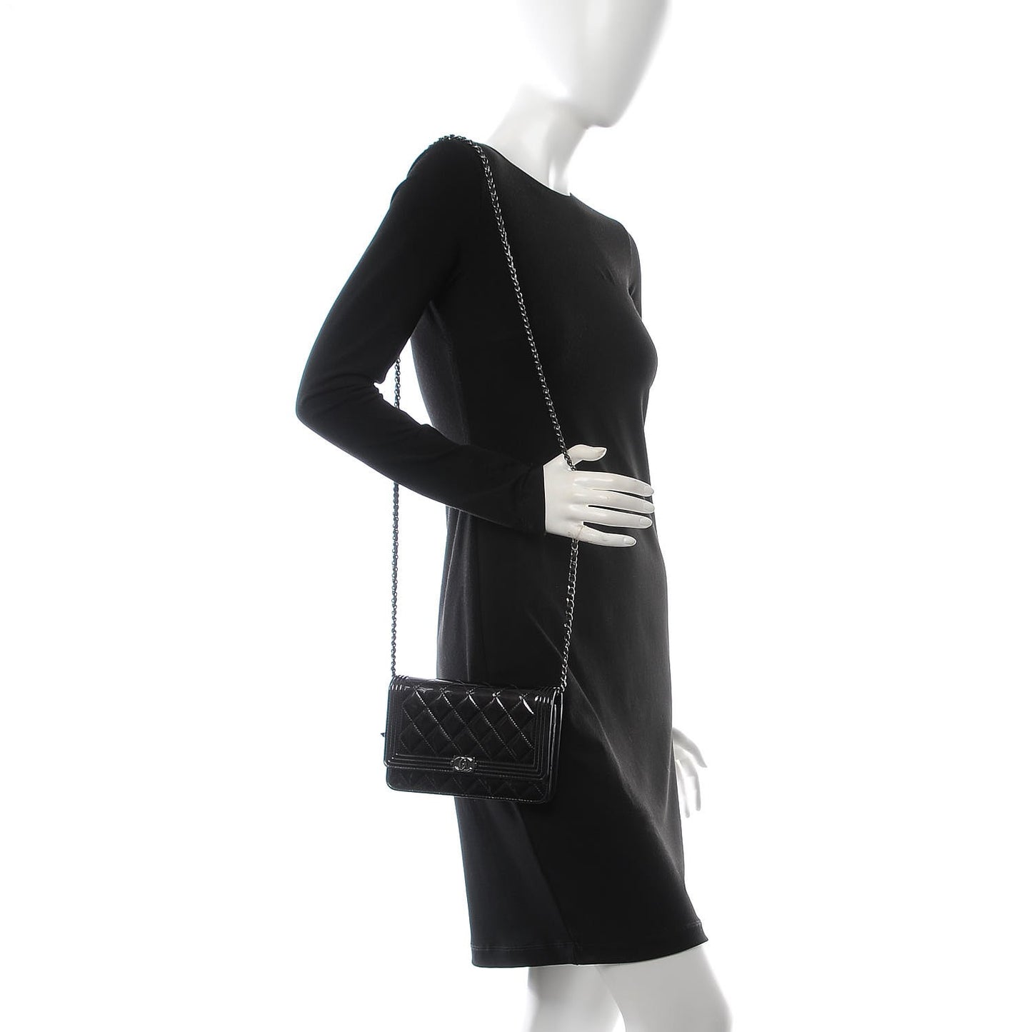 Patent Calfskin Quilted Boy Wallet On Chain WOC Black