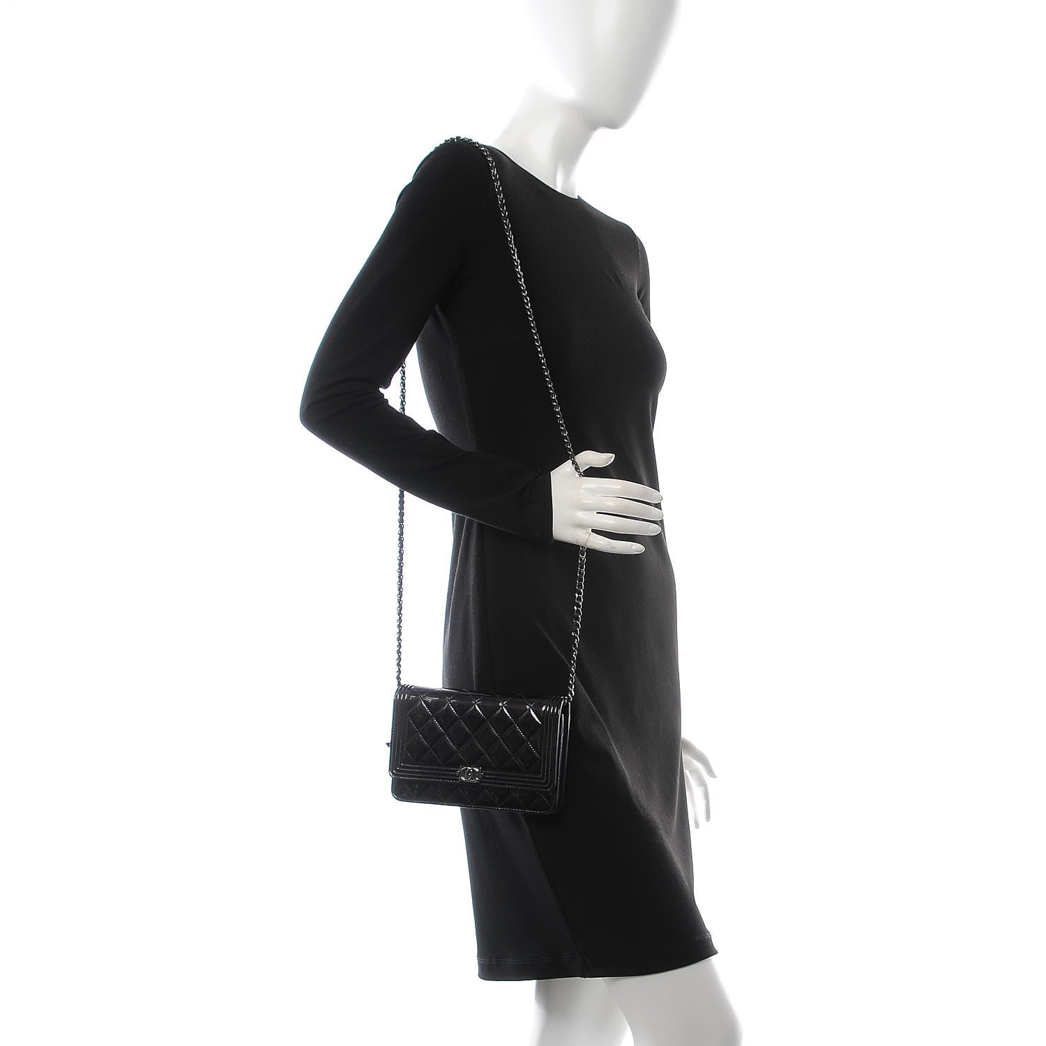 Chanel Patent Calfskin Quilted Boy Wallet On Chain WOC Black 2 of 8