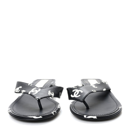 Chanel Lambskin Printed CC Thong Sandals 39 Black White 2 of 7