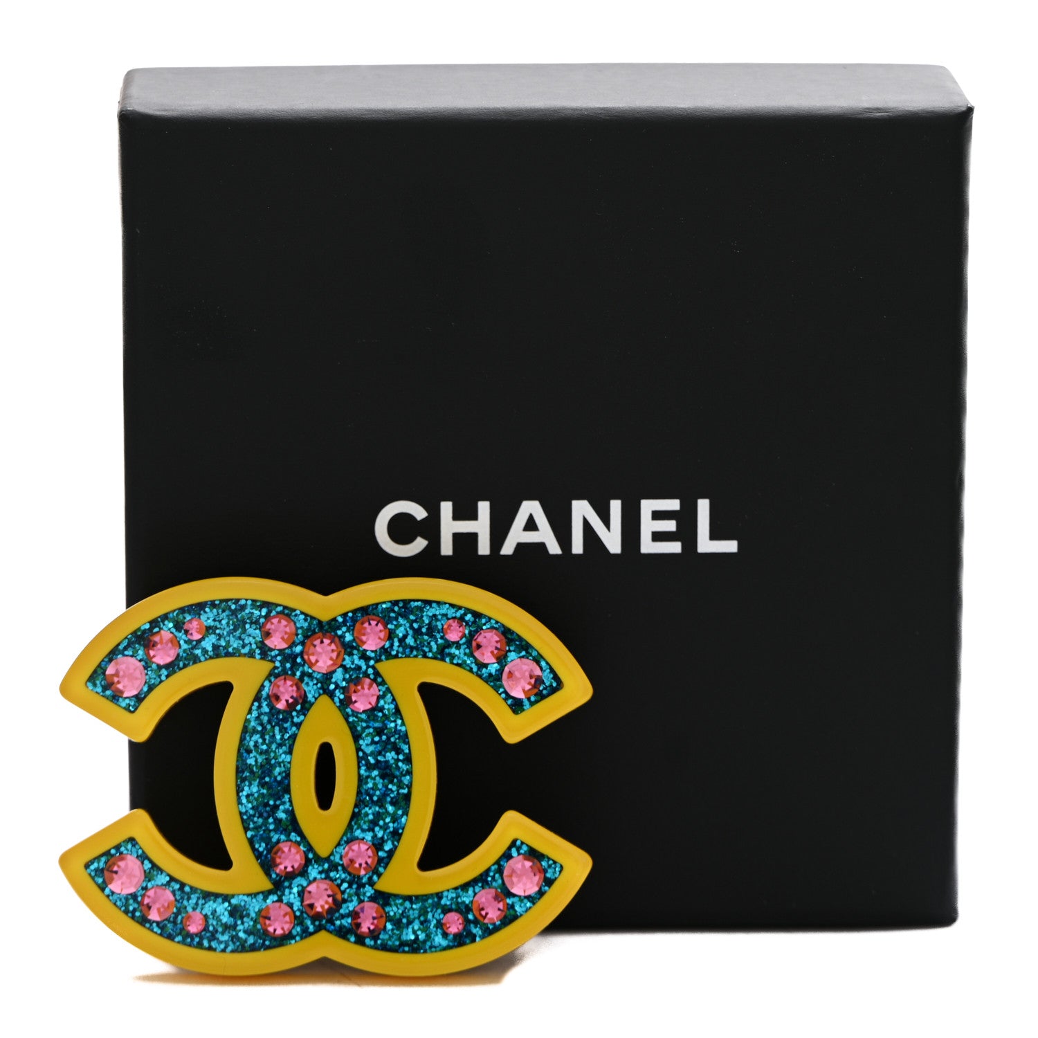 Chanel Resin Glitter Crystal CC Brooch Yellow Blue 4 of 4