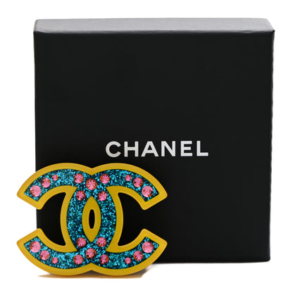 Chanel Resin Glitter Crystal CC Brooch Yellow Blue 4 of 4