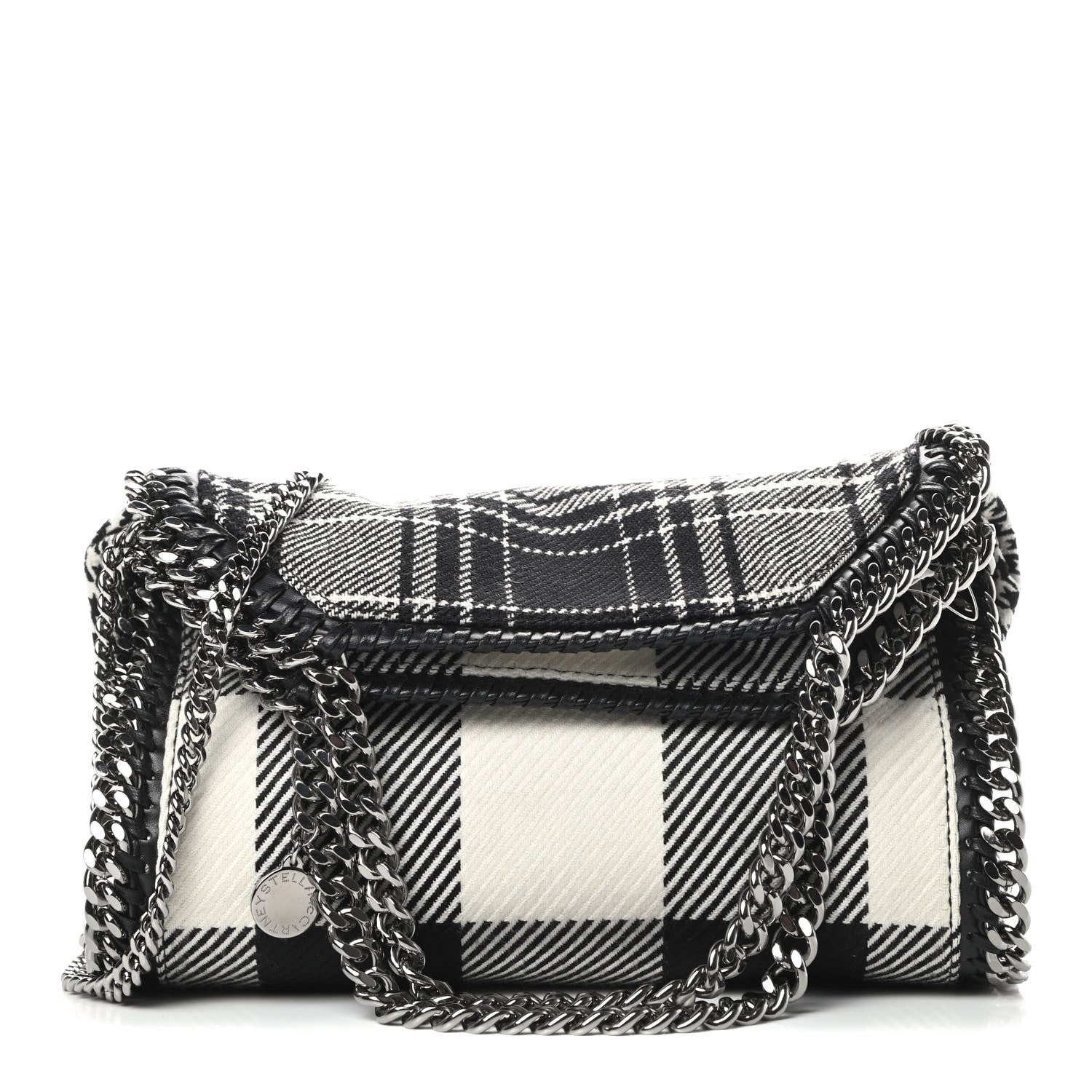 Stella McCartney Wool Plaid Mini Falabella Fold Over Tote Black White 1 of 10