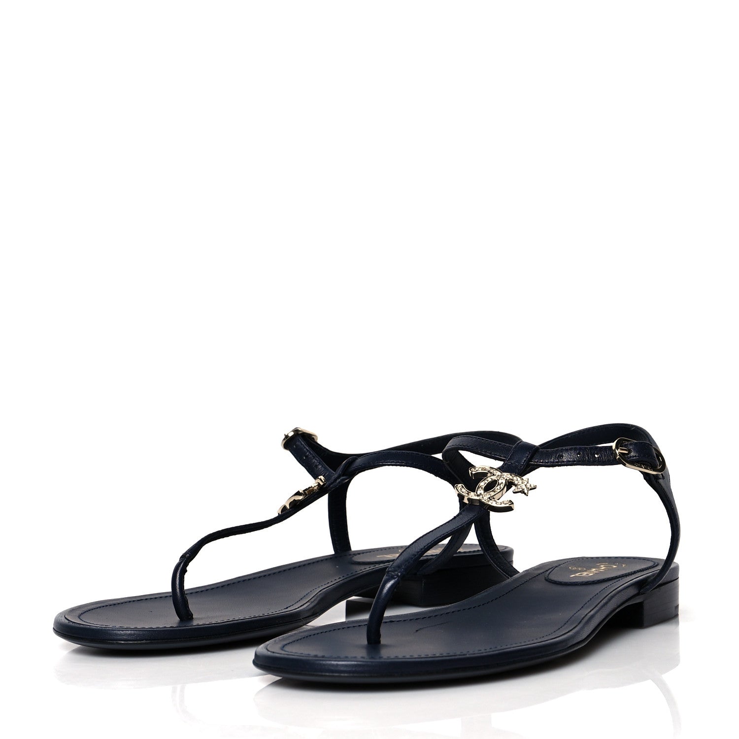 Chanel Lambskin Crystal CC Thong Sandals 38 Navy Blue 3 of 8