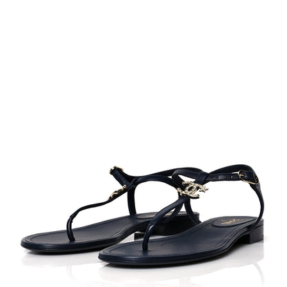 Chanel Lambskin Crystal CC Thong Sandals 38 Navy Blue 3 of 8