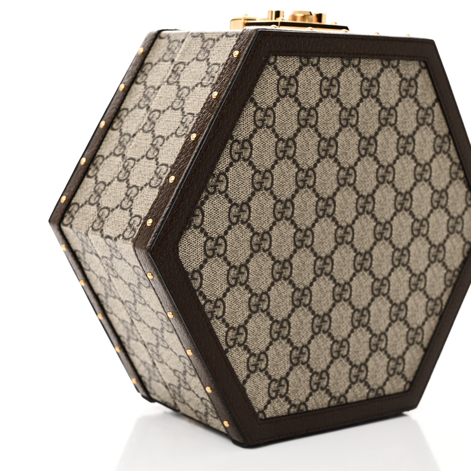 Gucci GG Supreme Monogram Textured Dollar Calfskin Studded Padlock Hexagon Top Handle Case Beige Ebony New Acero 9 of 10